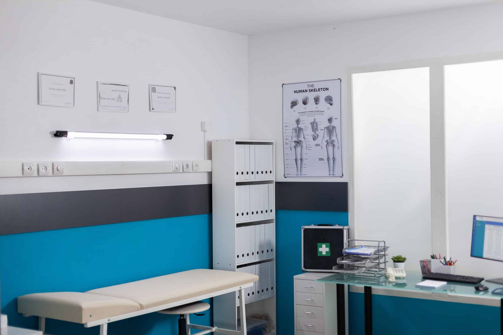 Nobody in office with medical equipment and instruments to do checkup visit with patient for healthcare. Empty cabinet with tools to consult people with disease. Medical practice